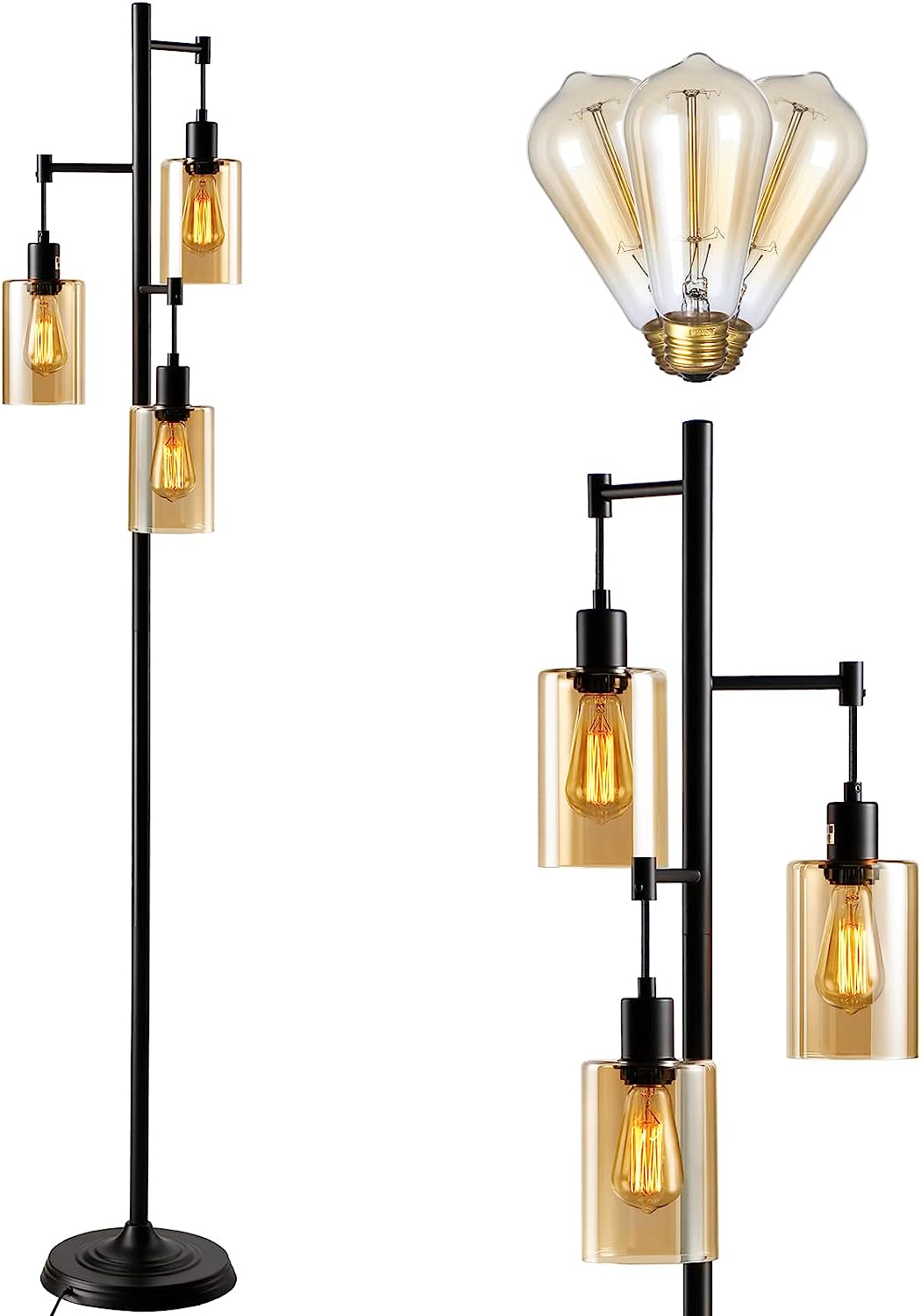 AmberAura Tri-heads Floor Lamp - Filament Bulbs Included