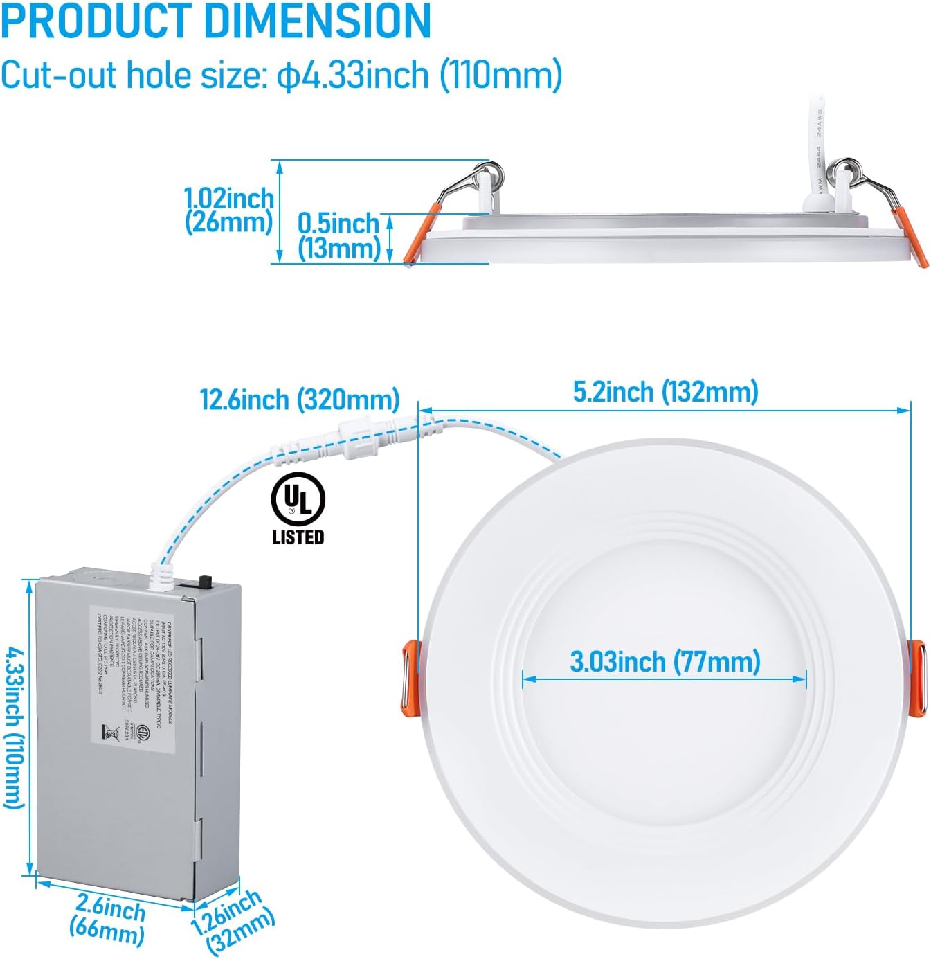 SnowyOwl 4" Ultra-thin Glare-free Canless LED Recessed Lights with Night Light - SDL 9W Dimmable 1/2" Thick