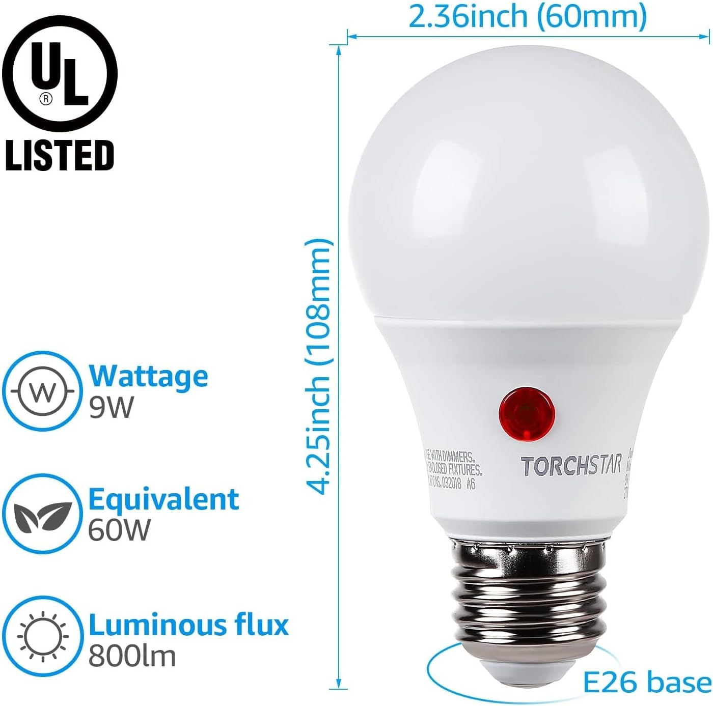 TORCHSTAR A19 LED Light Bulb - E26 Base - Dusk to Dawn Sensor - 2700K