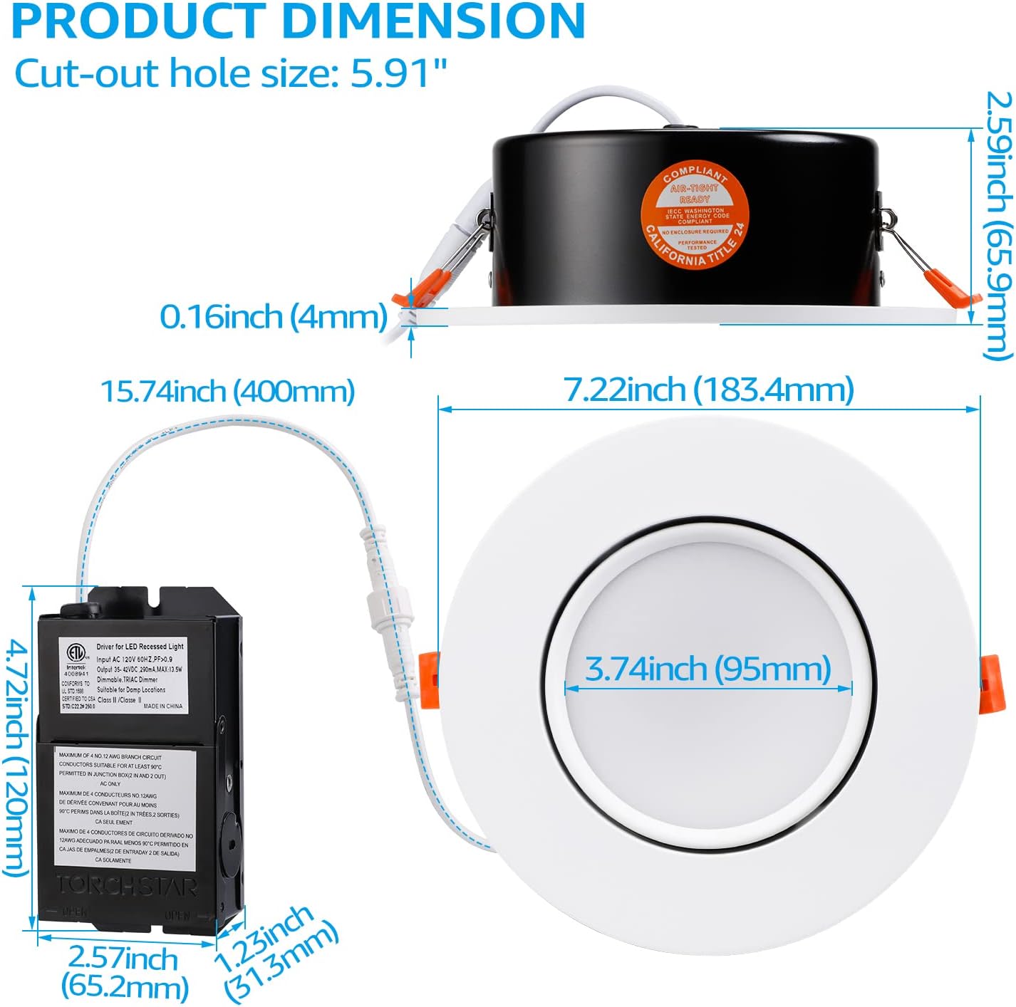 Rotatolux 6" Gimbal Canless LED Recessed Light - SDL 13.5W Dimmable with Wide Beam Angle