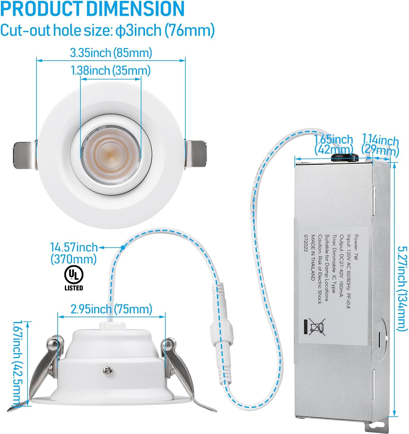 Rotatolux 3" Gimbal Canless LED Recessed Light - DL 7W Dimmable with Narrow Beam Angle