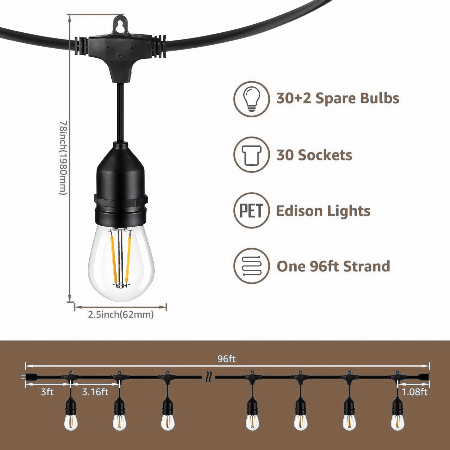 Pro LED Warm White Outdoor String Light - 96 Feet 30 Lights