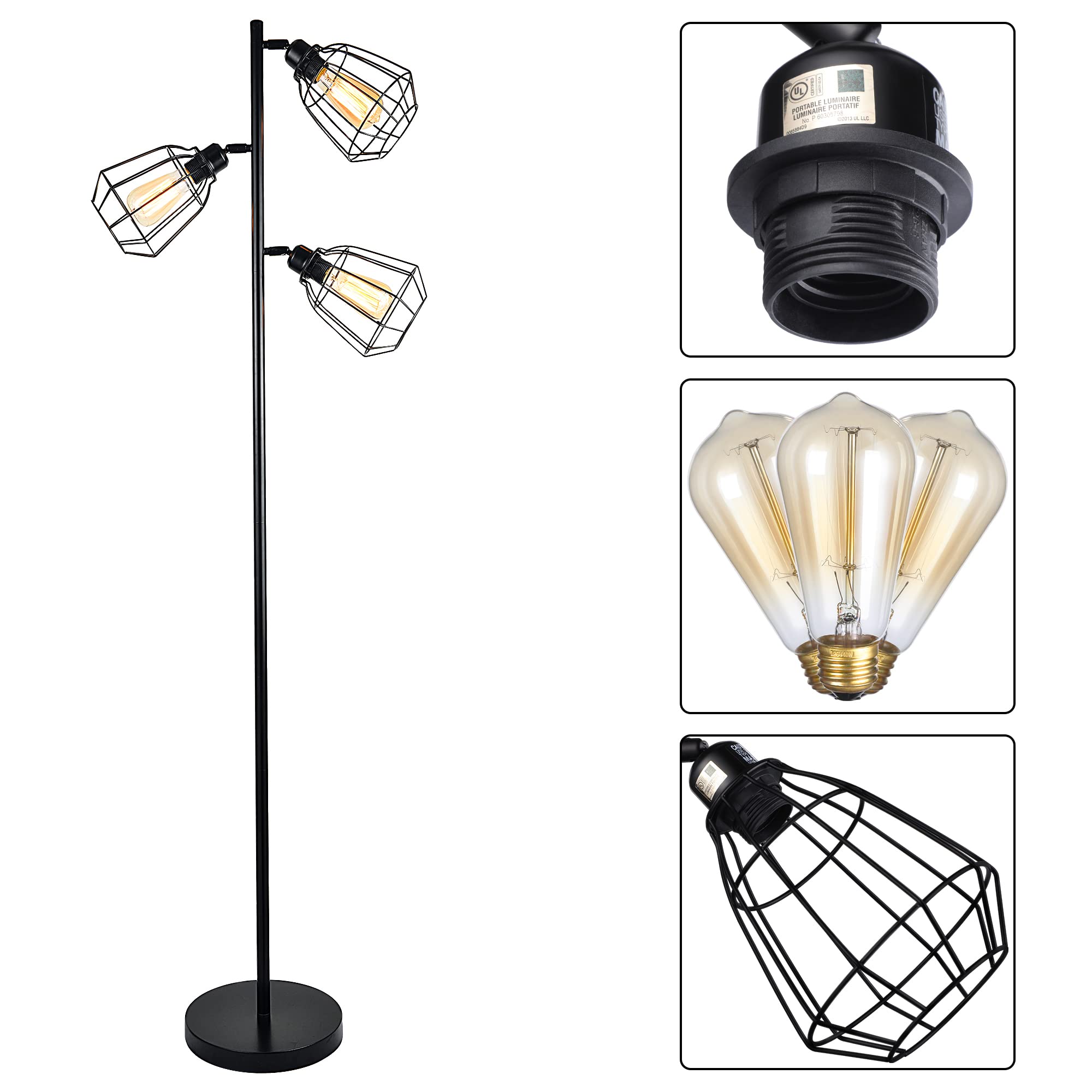IronCraft Tri-heads Rustic Floor Lamp - Filament Bulbs Included
