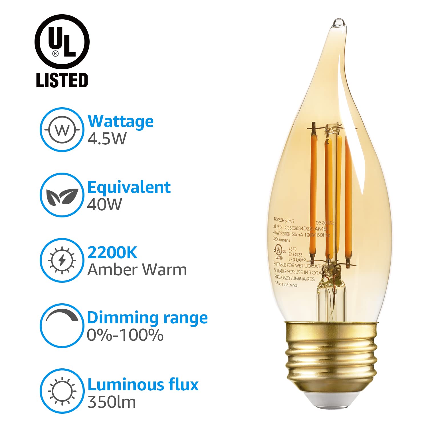 Glowing Yesteryears 4.5W C35 LED Chandelier Bulbs - E26 Base - 2200K Amber Warm