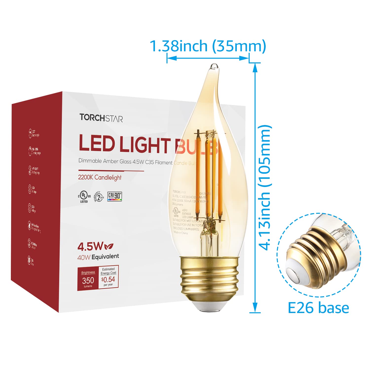 Glowing Yesteryears 4.5W C35 LED Chandelier Bulbs - E26 Base - 2200K Amber Warm