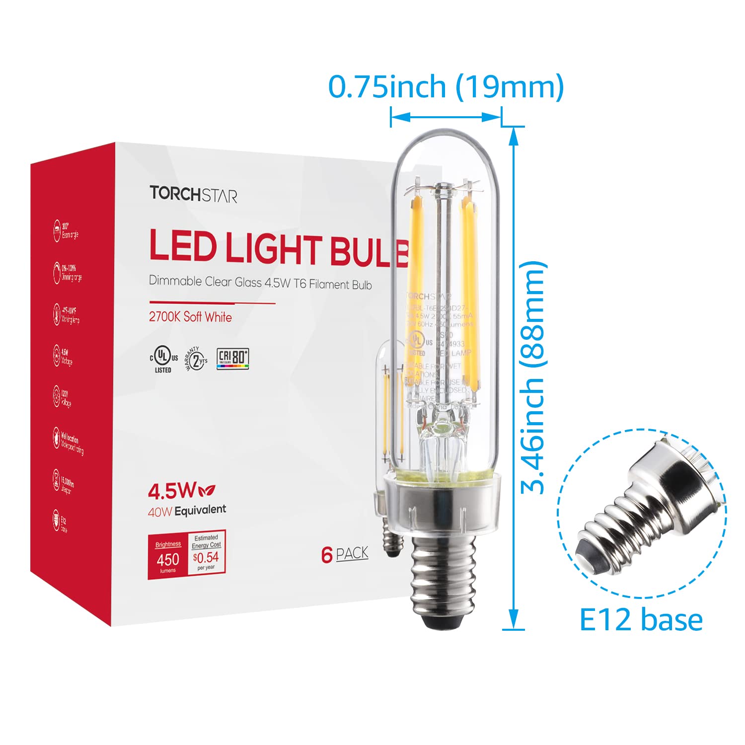 CrystalEra 4.5W T6 LED Vintage Bulbs - E12 Base - 2700K Soft White