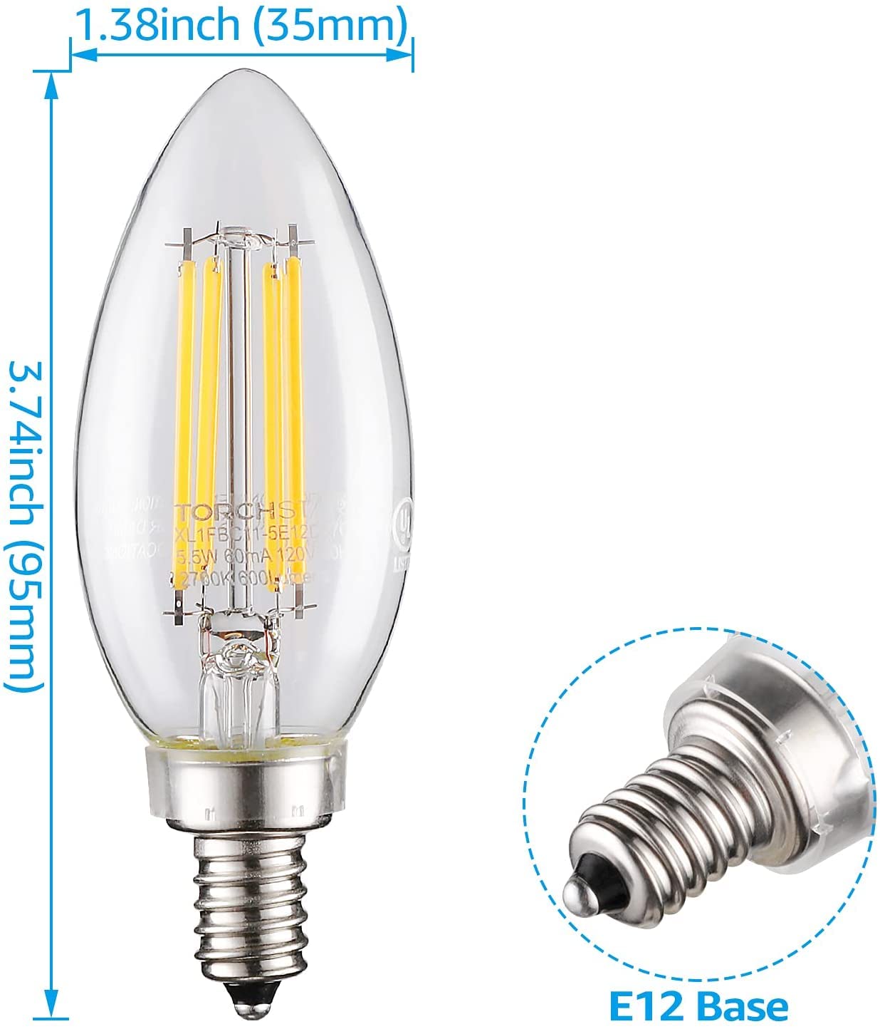 CrystalEra 5.5W C11 LED Chandelier Bulb - E12 Base - 2700K Soft White
