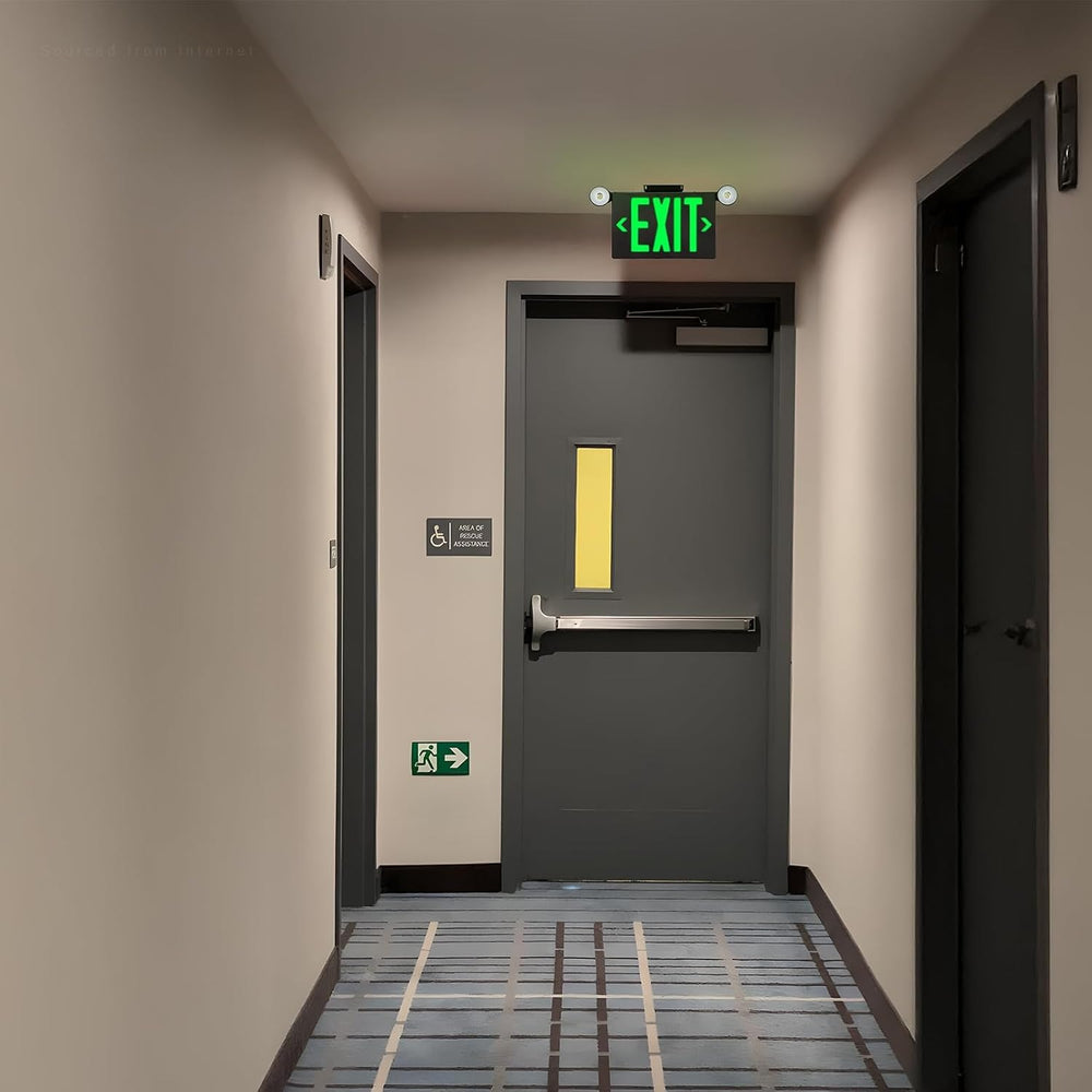 TORCHSTAR LED Exit Sign with Dual Emergency Heads - Green Letters - Black