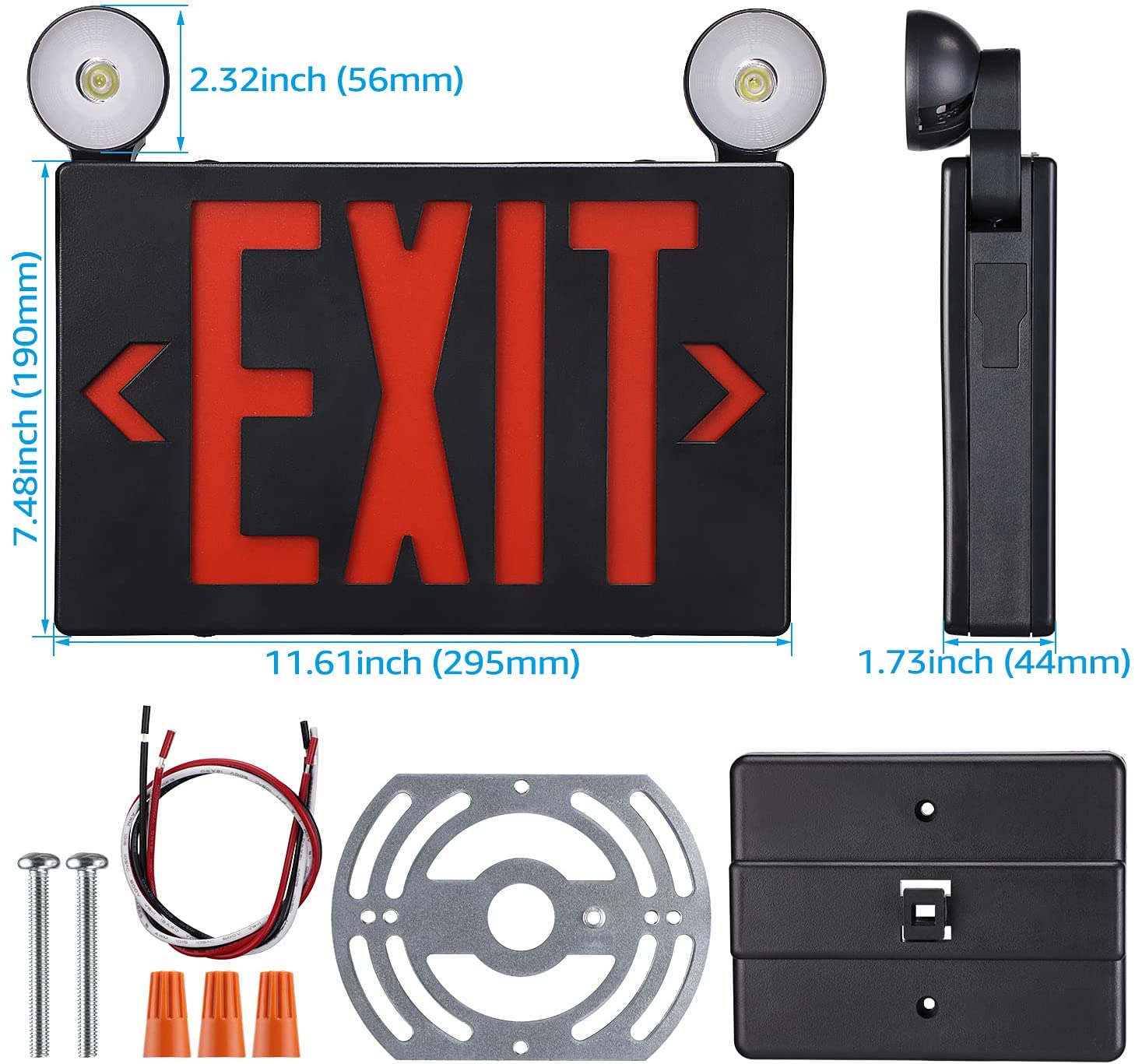 LitWay Indoor Exit Sign with Emergency Light - Black - Red Letters